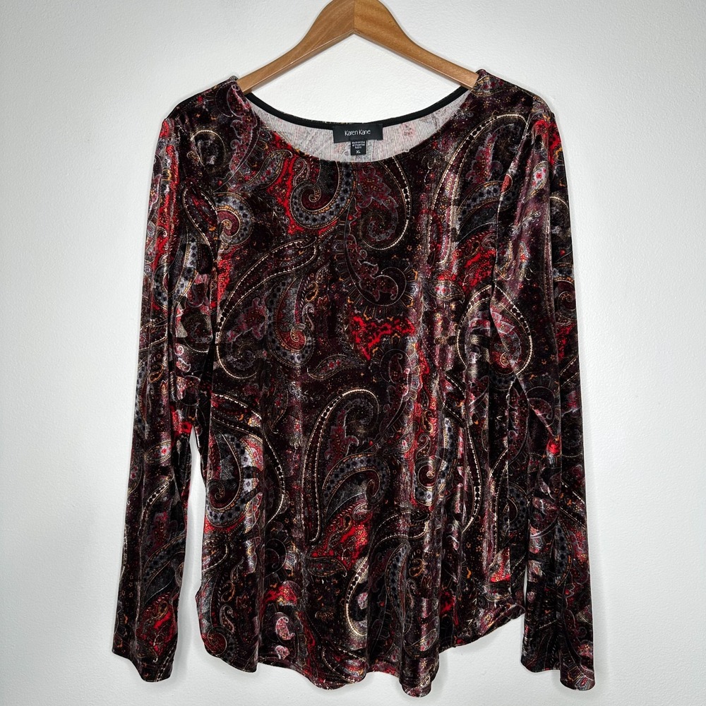 Karen Kane Velvet Long Sleeve Top Paisley Scoop Neck Shirttail Hem XL‎